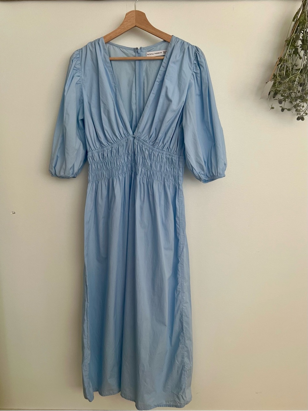 Faithfull the Brand - Light Blue V-Neck Midi Dress with Smocked Waist